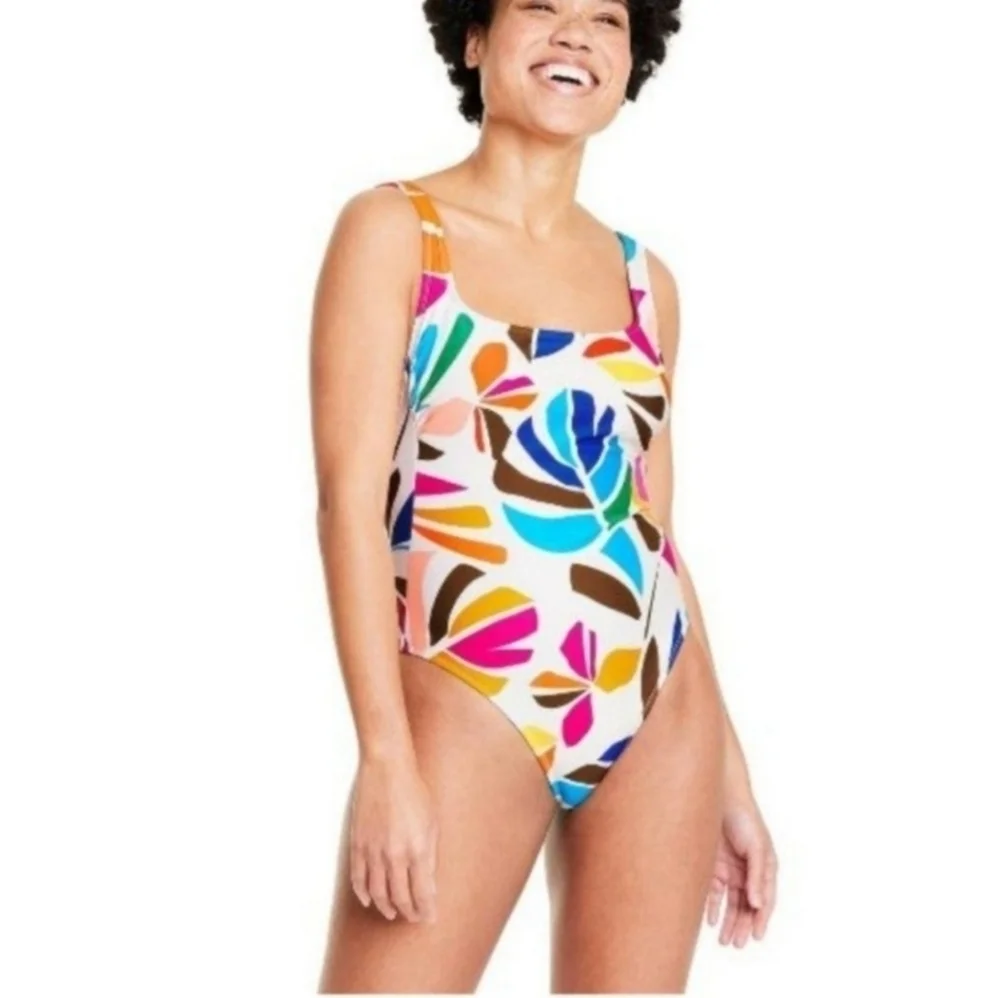 TABITHA BROWN BOTANICAL PRINT SCOOP NECK ONE PIECE SWIMSUIT SZ M